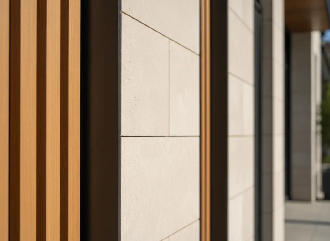 Architectural detail pairing pale stone with warm timber slats