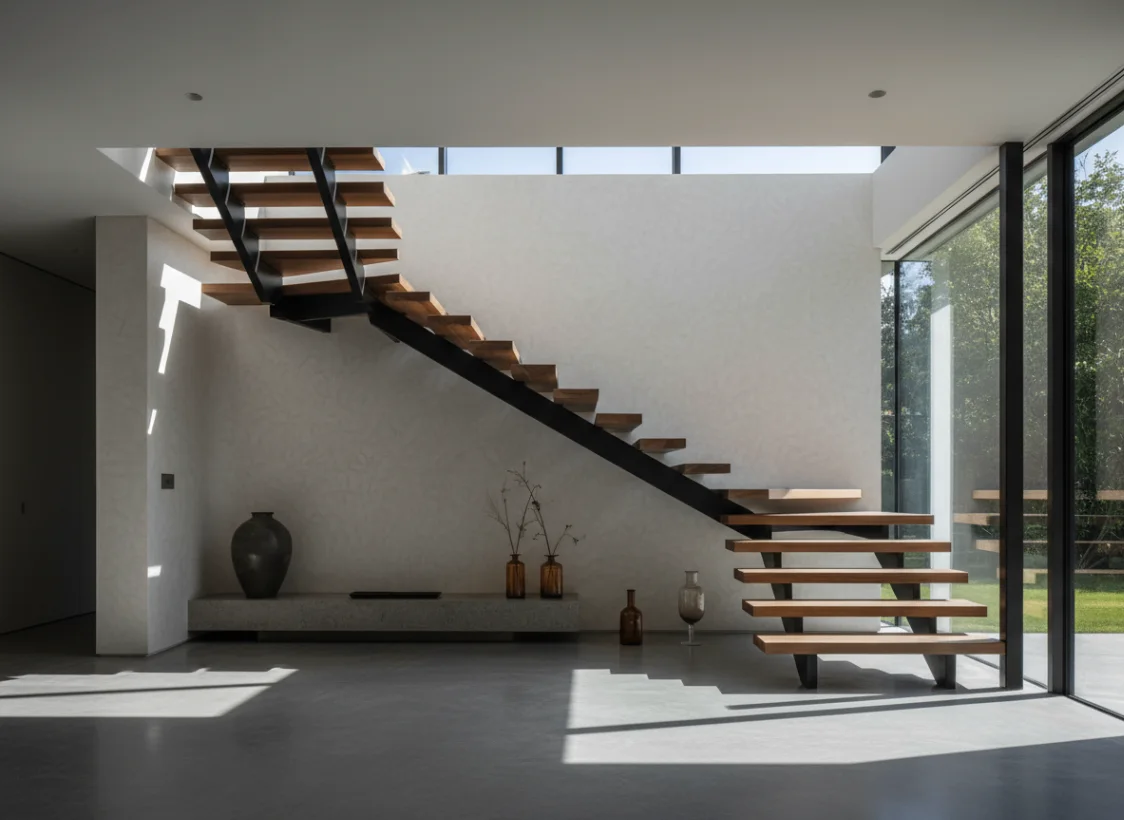 Sculptural floating staircase in a light-filled modern interior